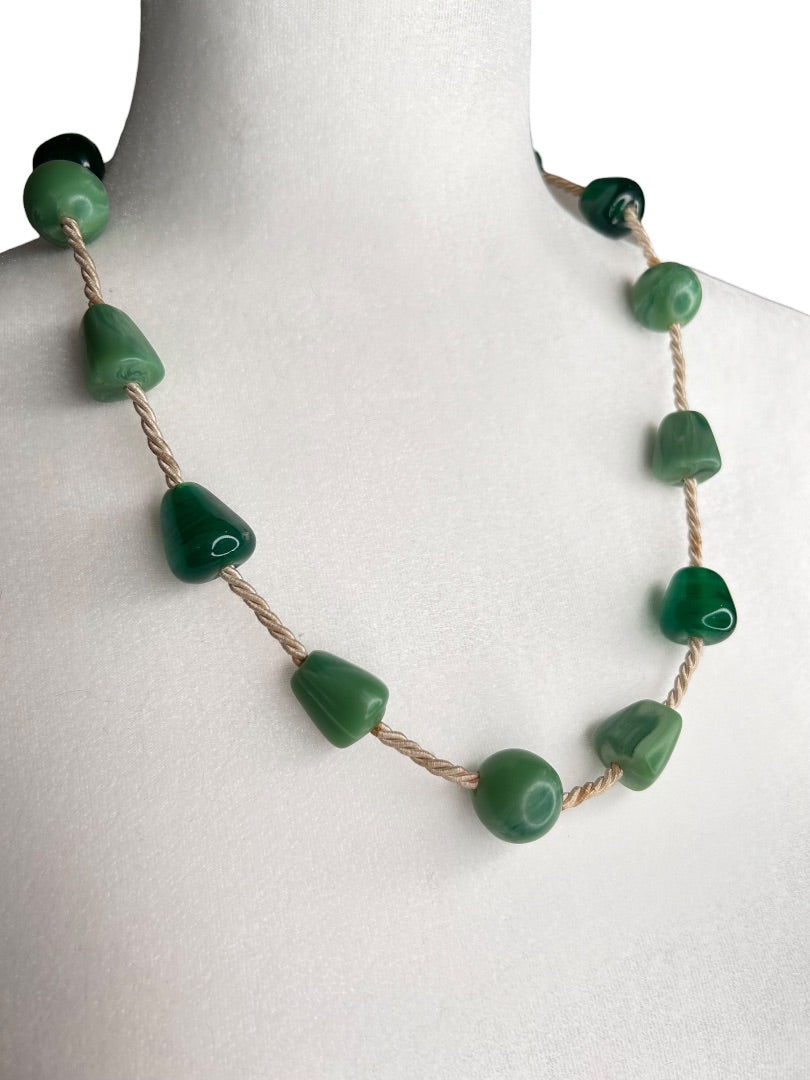 Signed Monet Green Bead on Silk 23" Statement Necklace Toggle Clasp