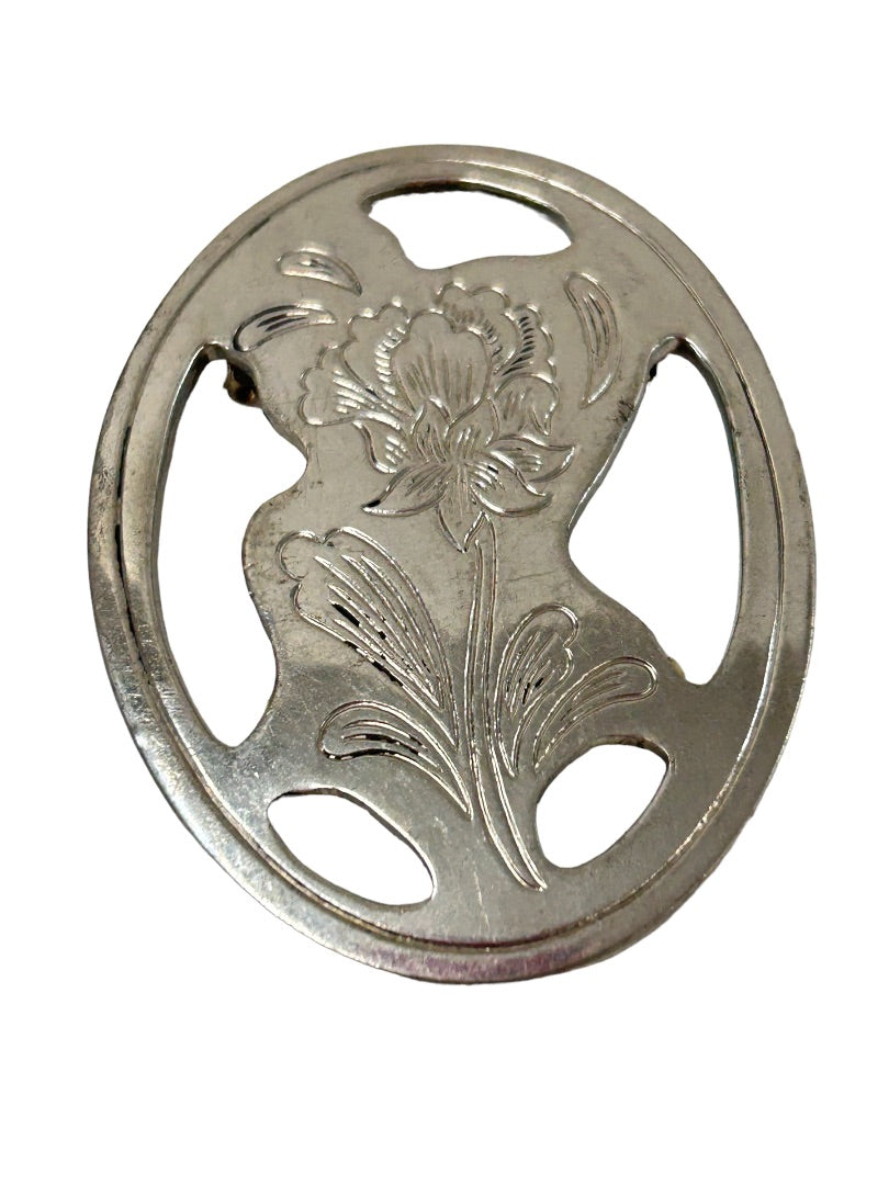 Vintage Signed Kirk Stieff Pewter Brooch Pin Etched Floral 2.25"
