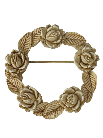Brooch Pin Vintage 1960s Resin Rose Wreath Antiqued White 2" Diameter