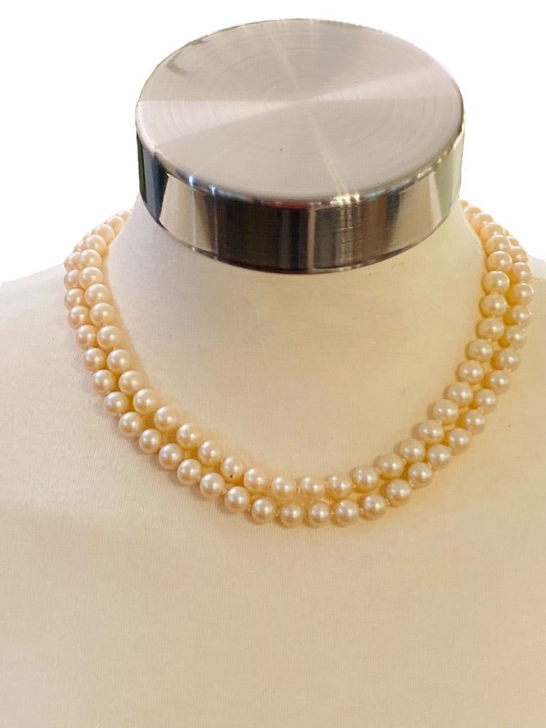 Double Strand Hand Knotted Vintage 7.7 mm Faux Pearl Dual Strand Necklace Daisy Clasp 16"