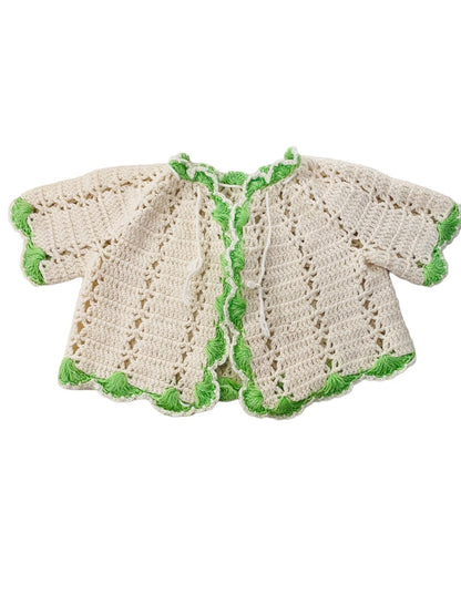 Vintage Hand Crocheted Baby Sweater Cream Green Trim Tie Closure Cardigan 12-24 Mos