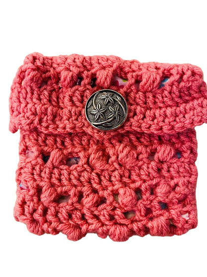 Handmade Crochet Pouch Pink Lined Floral Accessory Silvertone Button Closure 5.5"h x 5"w