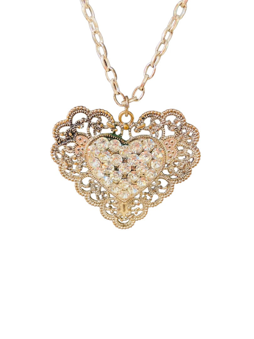 Silvertone Heart Medallion 27" Necklace Dramatic Filagree Look Pendant 2.25" Drop Lobster Clasp