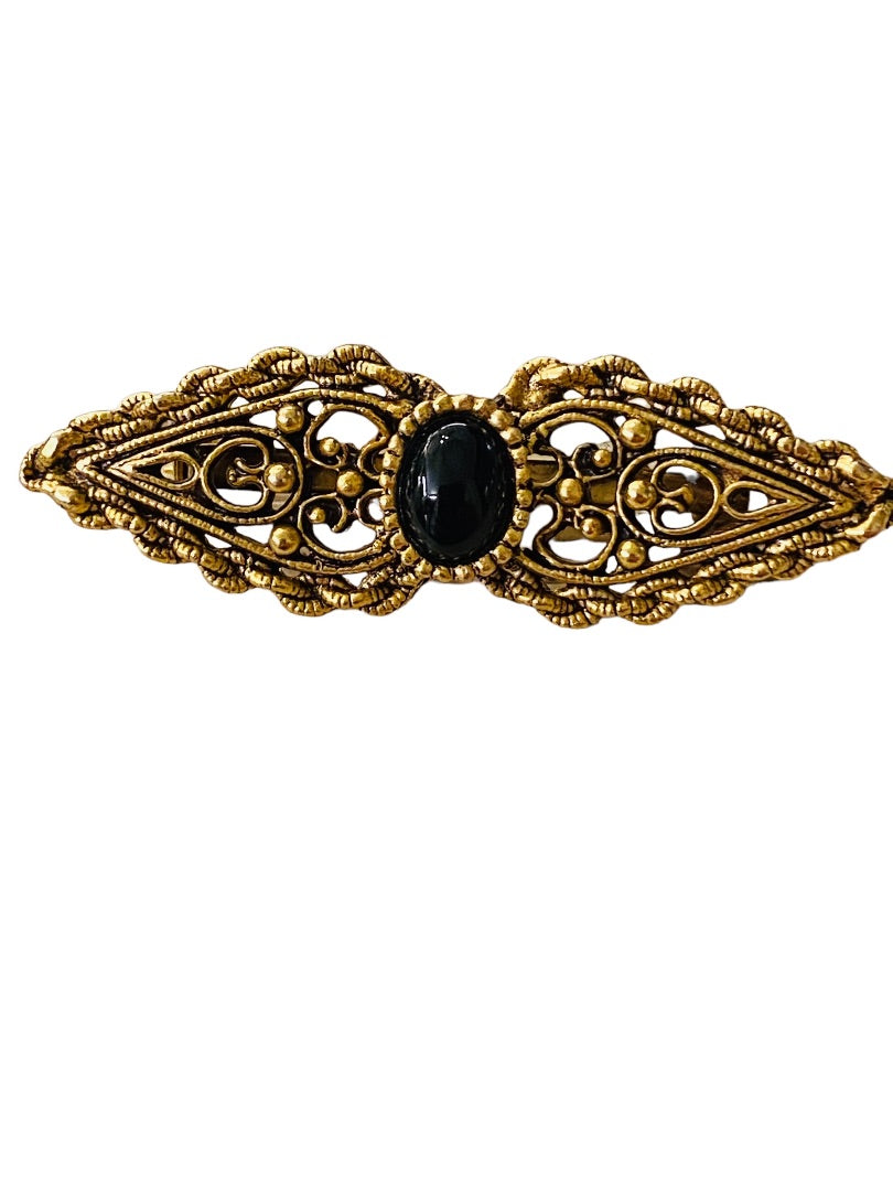 Vintage Victorian Style Brooch Goldtone Black Pin Filigreee Intricate 2" Length