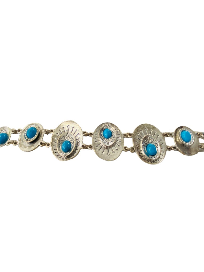 Silvertone and Faux Turquoise Bracelet Adjustable 7-9" Lobeter Clasp Closure