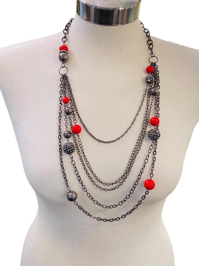 Pewter Color Layered Look Necklace Red Bead Lobster Clasp 27" Long