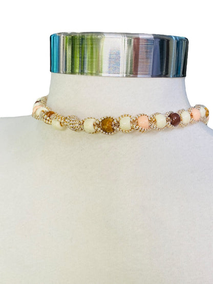 Braided Plastic Bead Necklace 32" Overhead Goldtone Pink Brown Lightweight 5" Tassel