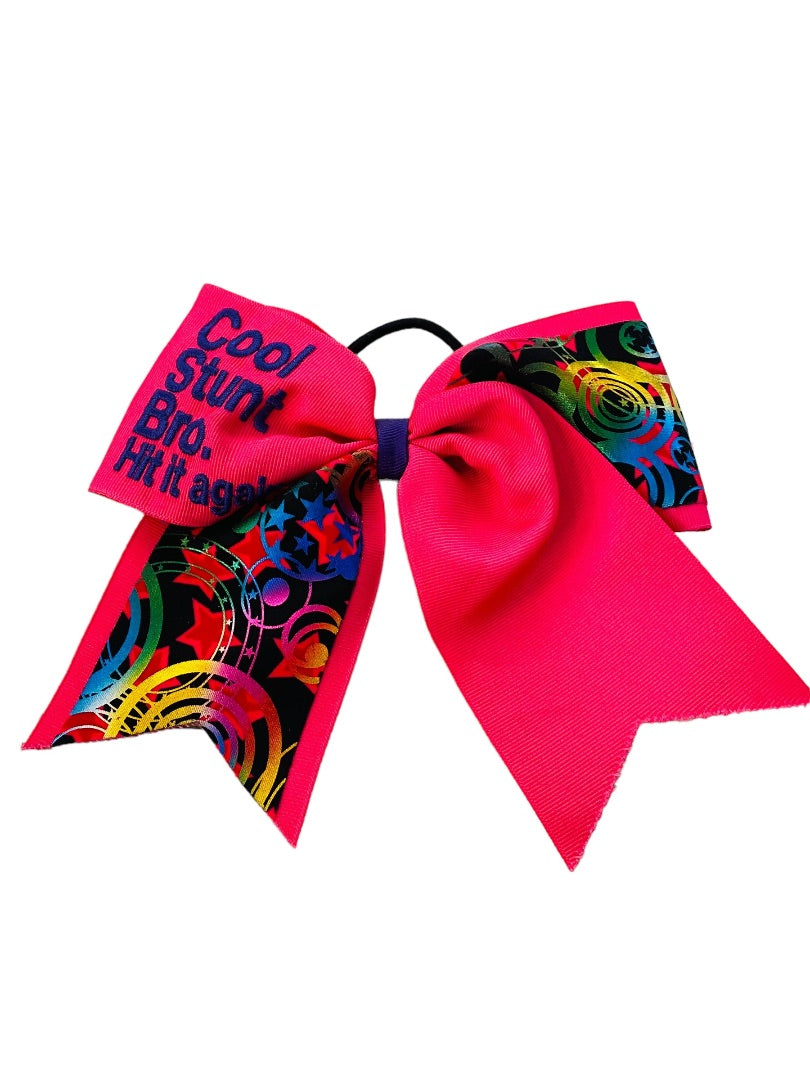 Girls Oversize Hair Bow 6.5" Elastic Ponytail Holder Hot Pink "Cool Stunt Bro"