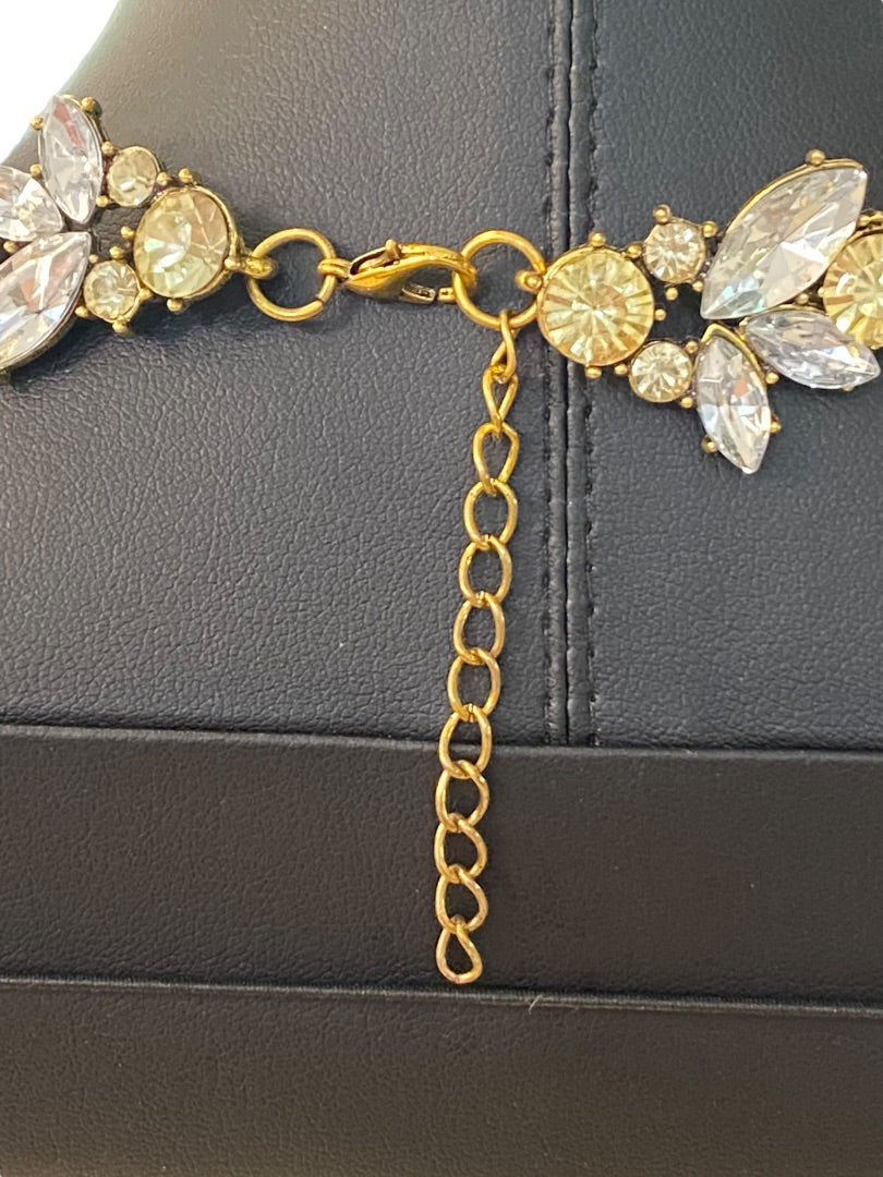 Goldtone Statement Necklace Vine Design Green Clear Faceted Jewels 16-18" Lays Flat