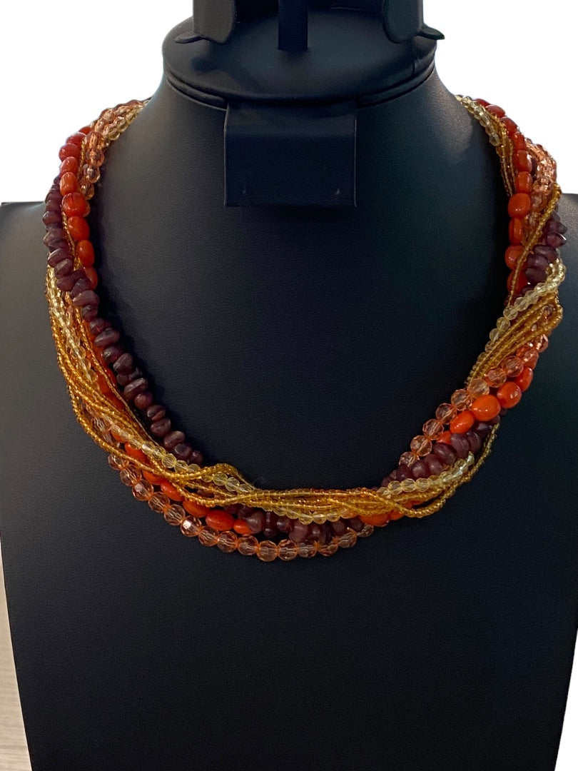Vintage Twist Multistrand Acrylic Beaded Necklace 18-21" Orange Brown Lobster Clasp