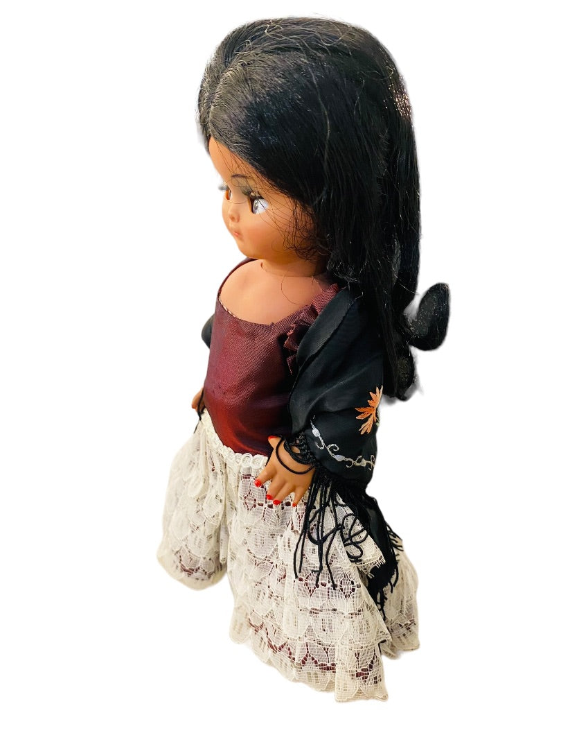 Mexican Girl Doll Sleep Awake Following Eyes 11"H Dress Shawl Earrings