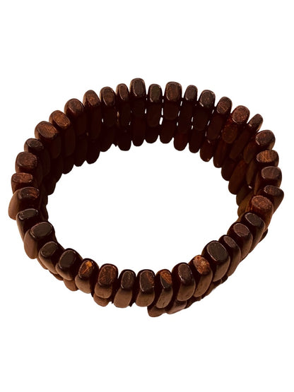 Brown Beaded Oblong Cuff Stretch Bracelet 1.5" Thick Boho Look