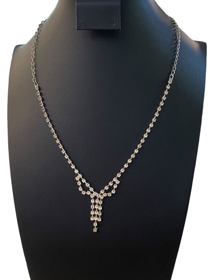 Rhinestone Formal Silvertone Necklace 21" Lobster Clasp 2" Drop