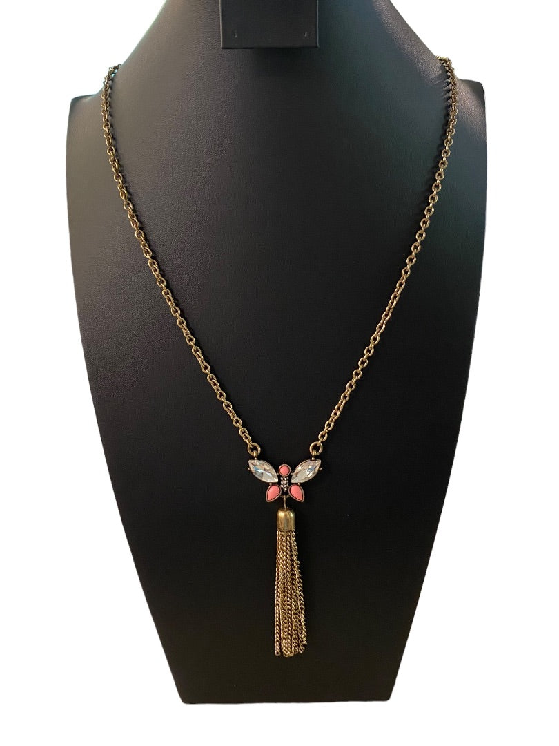 Goldtone Tassel Butterfly 31" Necklace 3.75" Drop Lobster Clasp