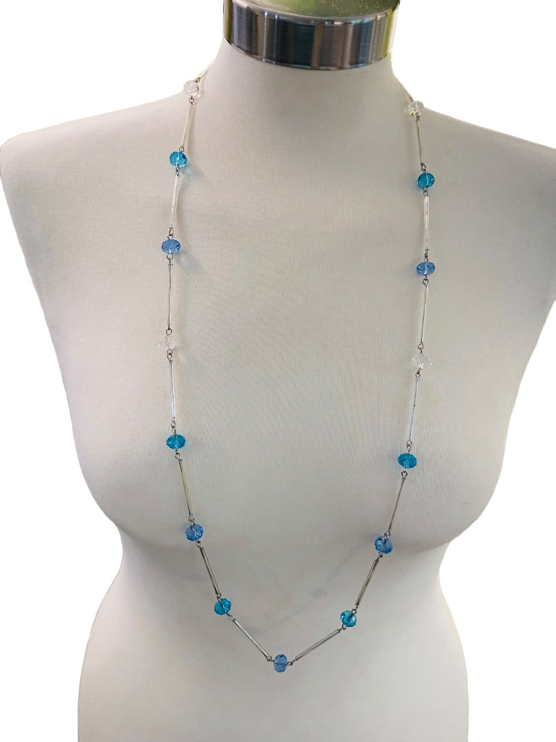 Silvertone Blue Aqua Beaded Overhead 36" Strand String Necklace