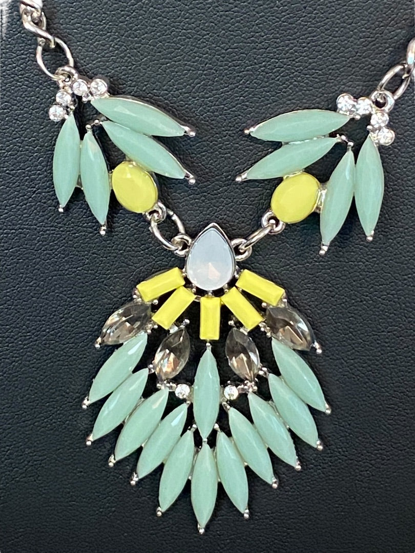 Silvertone Green Yellow 18-19" Statement Necklace Beaded Green Yellow