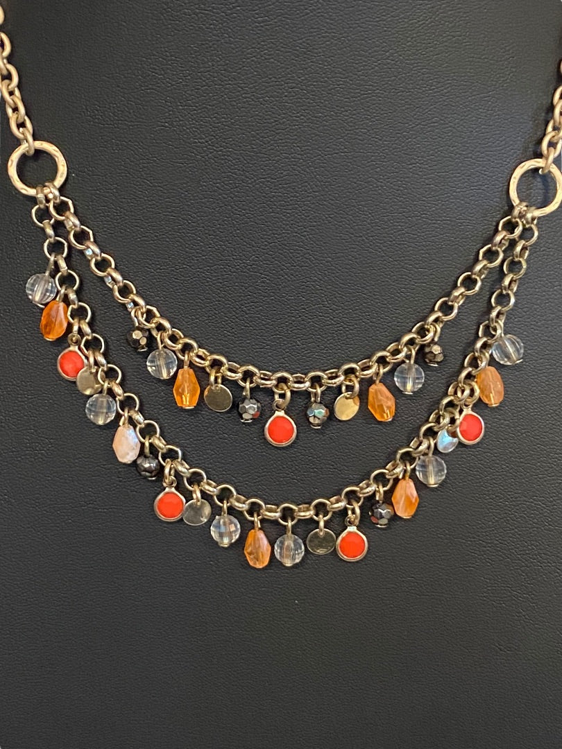 Brushed Goldtone Beaded Double Strand Necklace 17.5"Beaded 3" Drop