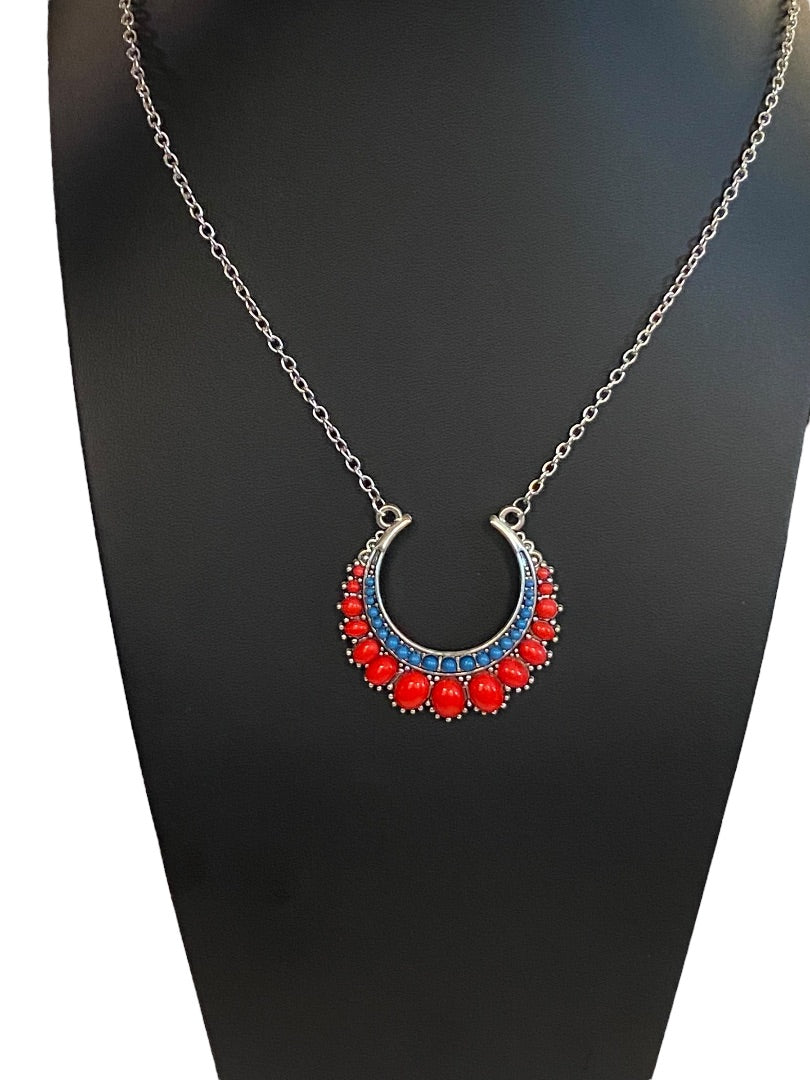 Silvertone Pendant Necklace Statement 33" Red Teal Beaded Pendant (2")