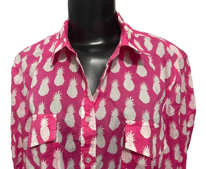 Large Talbots Womens Casual Button Down Pineapple Print Cotton Shirt Pockets