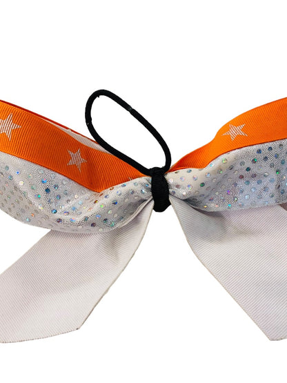 Girls Oversize Hair Bow 8" Elastic Ponytail Silver Orange Star Print