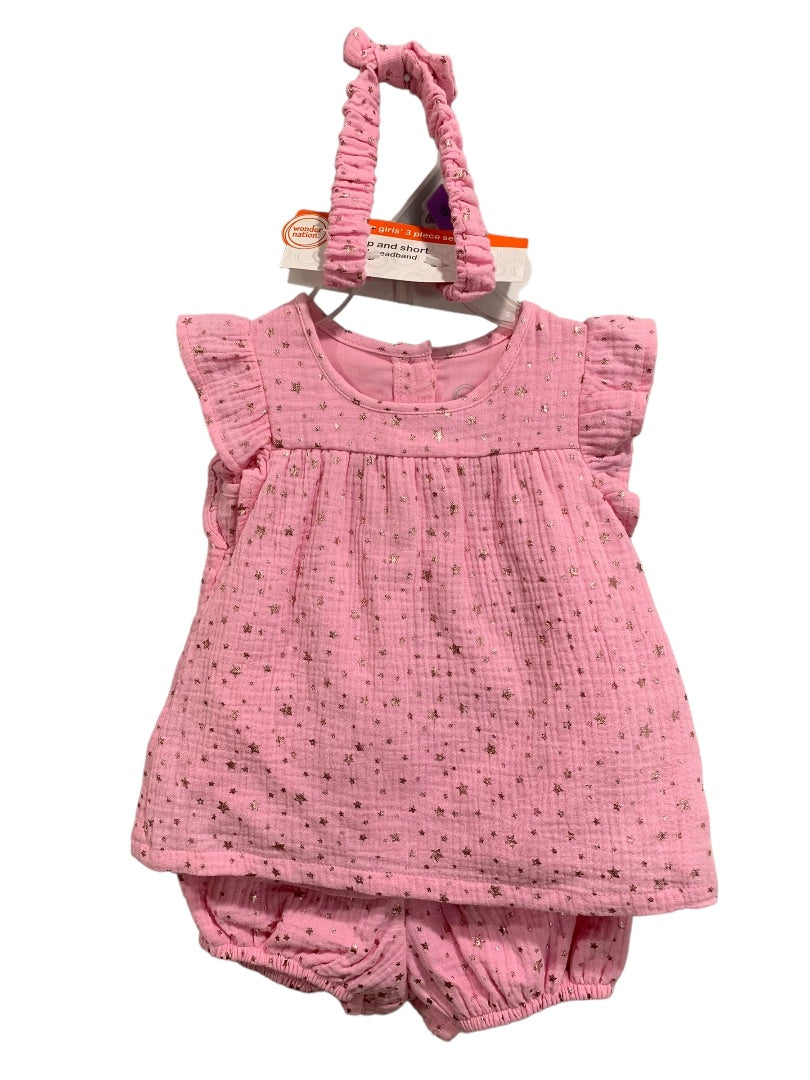 12 Months Baby Girls Pink New 3 Top Short with Headband Star Metallic