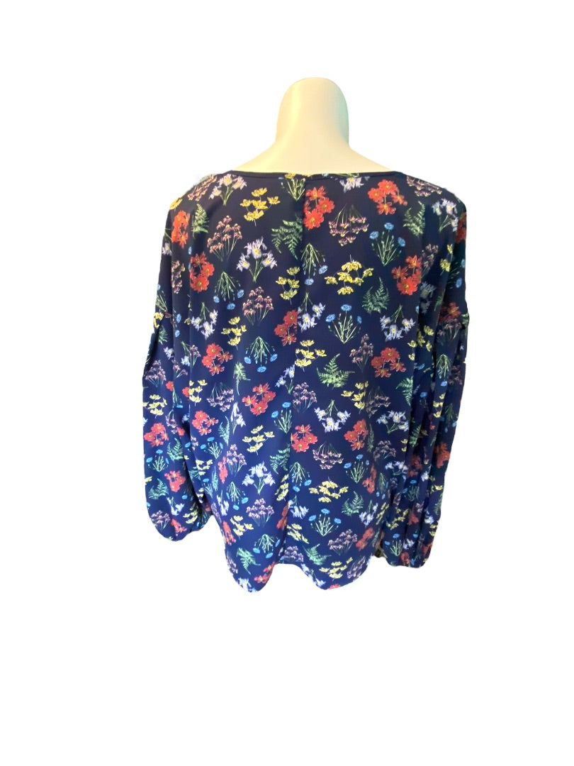 20W Eloquii Elements Navy Floral Tie Neck Blouse Tunic