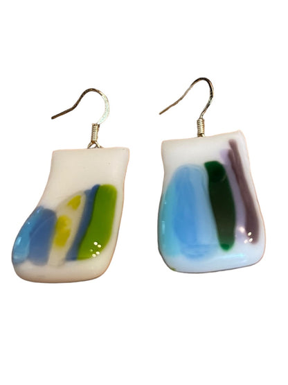 Color Fused Glass Fishhook Earrings Blue Green 1.25" Drop Dangle