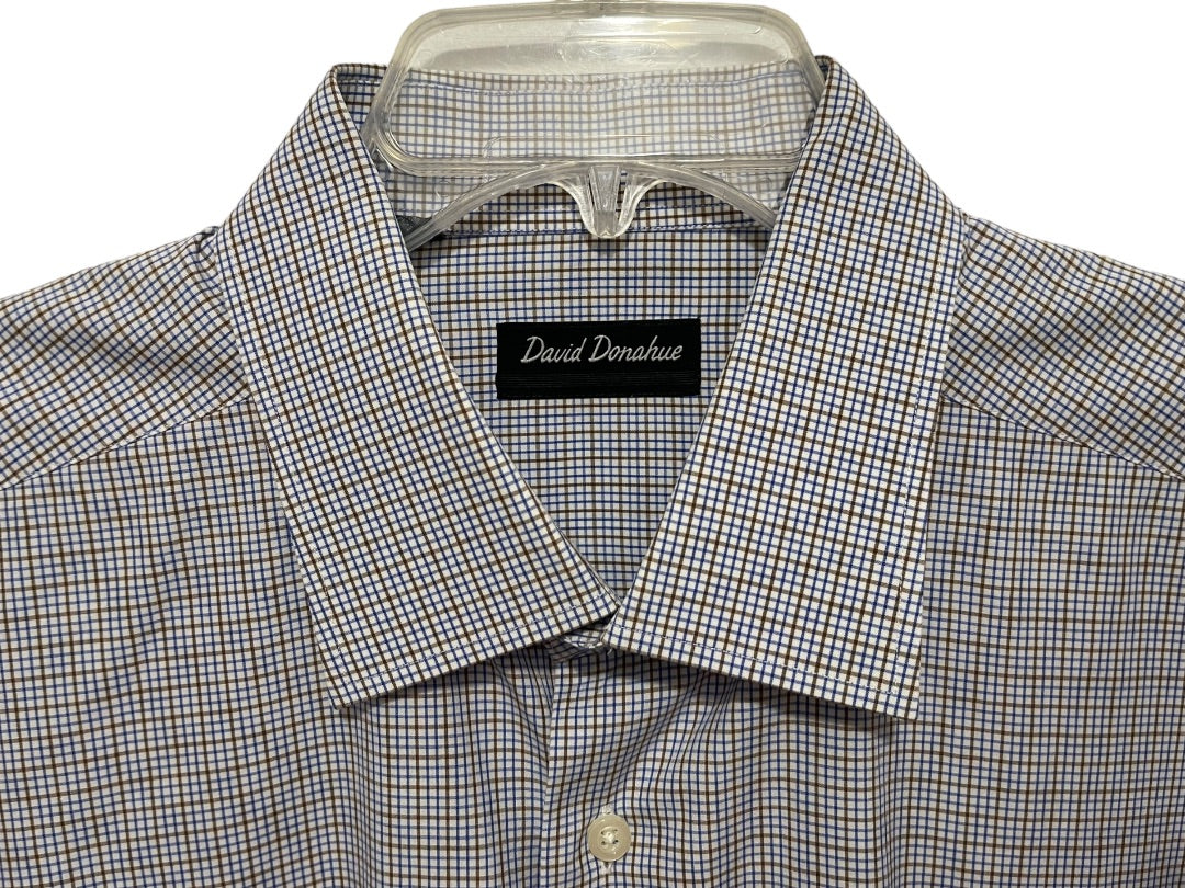 17.5 (32/33) David Donahue Mens Button Up White Blue Brown Dress Shirt