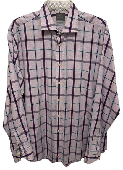 XL Thomas Dean 100% Pima Cotton Mens Plaid Dress Shirt Purple Long Sleeve