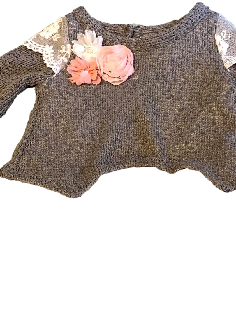 3-6 Months Rare Edition Gray Layered Sweater Lace Trim Flower Embellished