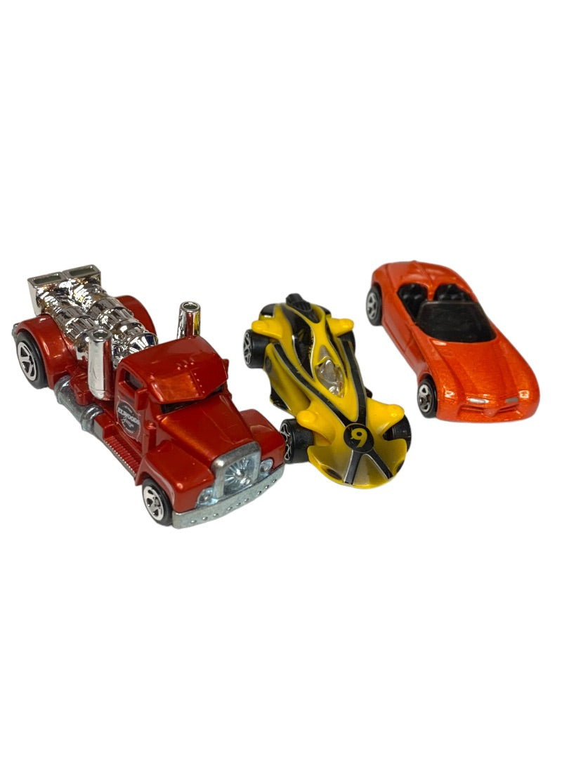 Lot of 3 Assorted Hot Wheels Vehicles Elwoods Garage Truck Racer Orange Yellow