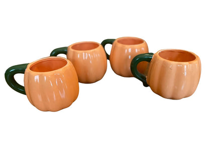 Set of 4 Halloween Ceramic Jack O Lantern Pumpkin Mugs Orange