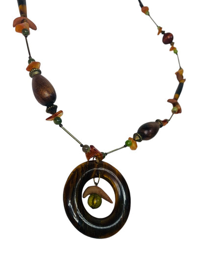 Vintage 1970s Overhead Necklace Wood Yellow Green Beads Pendant 2" Drop 34"