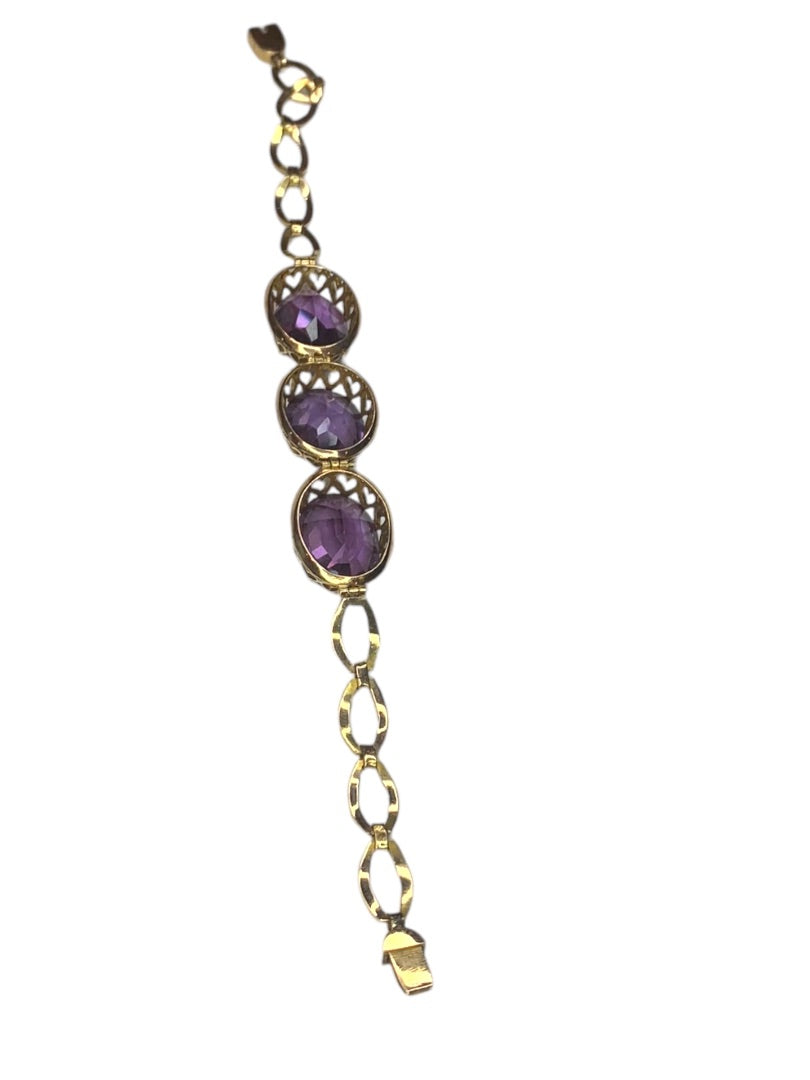 14k Yellow Gold Synthetic Amethyst Bracelet Vintage Jewelry Heart Filigree Setting 7.5"