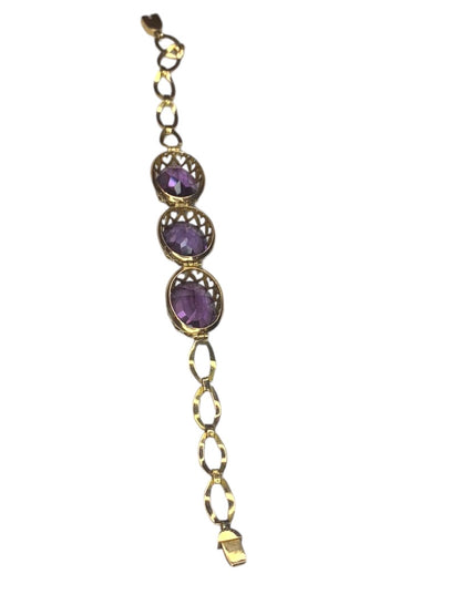 14k Yellow Gold Synthetic Amethyst Bracelet Vintage Jewelry Heart Filigree Setting 7.5"