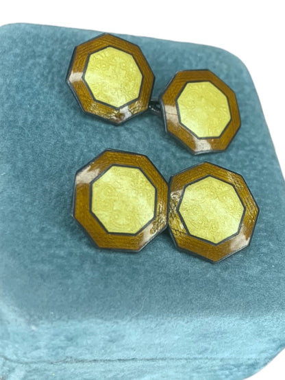 Antique Art Deco Signed Hallmark Yellow Brown Guilloche Enamel Cufflinks Pair Hexagon