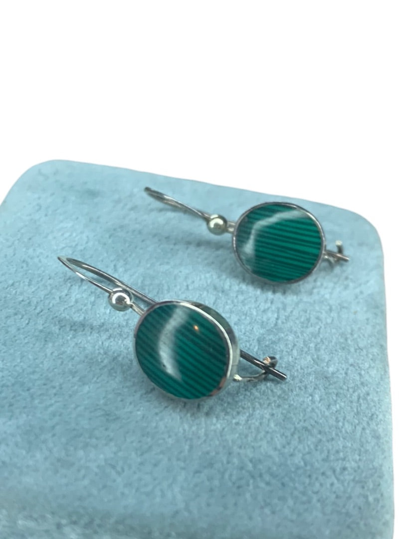 Sterling Silver 925 Malachite Pierced Earrings Kidney Wire .9" Drop Dangle Green