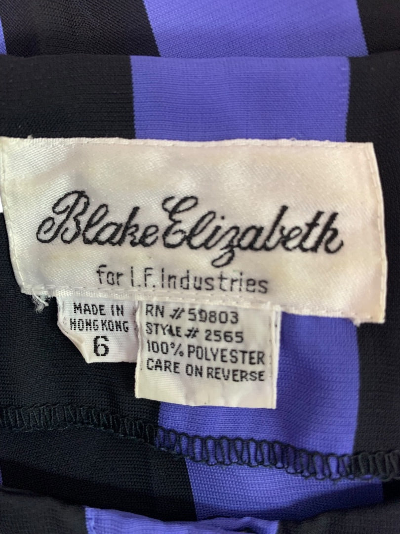 Size 6 Blake Elizabeth Purple Black Stripe Vintage 1980s Dress Pockets Pleated Hem