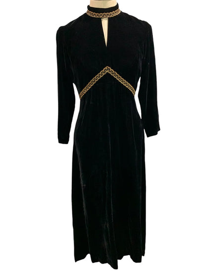 Small Black Velvet 1960s Handmade Dress Gold Tim Full Length