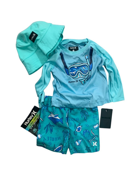 12 Months Hurley 3 Piece Swim Set Boys New Top Short Hat UPF 50+