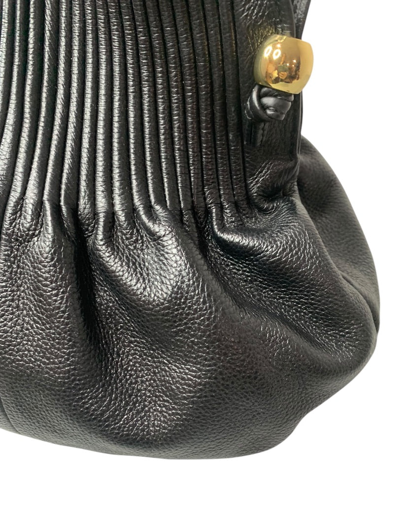 Vintage Bodhi Black Pebbled Leather Pleated Handbag Goldtone Hardware