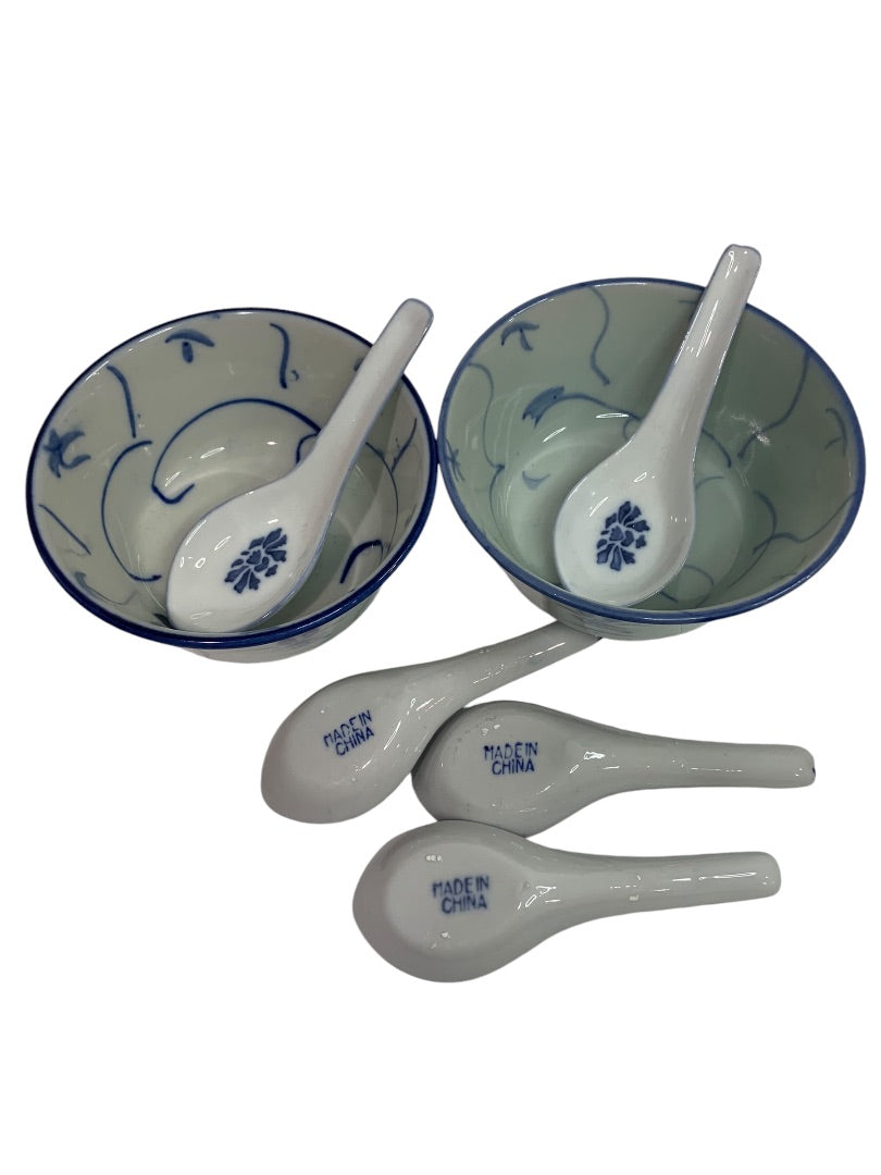 Chinese 2 Rice Bowls and 5 Spoon Set Blue White