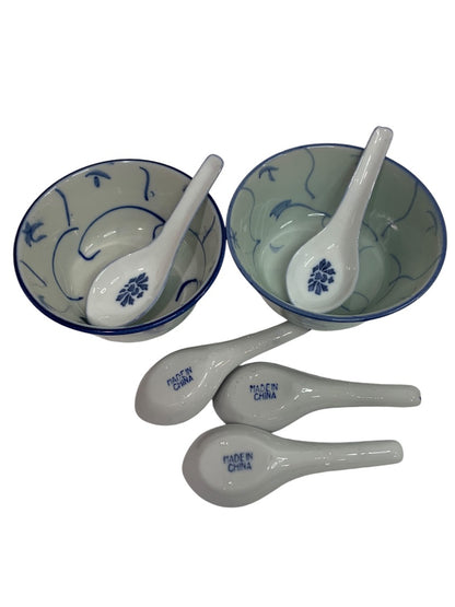 Chinese 2 Rice Bowls and 5 Spoon Set Blue White