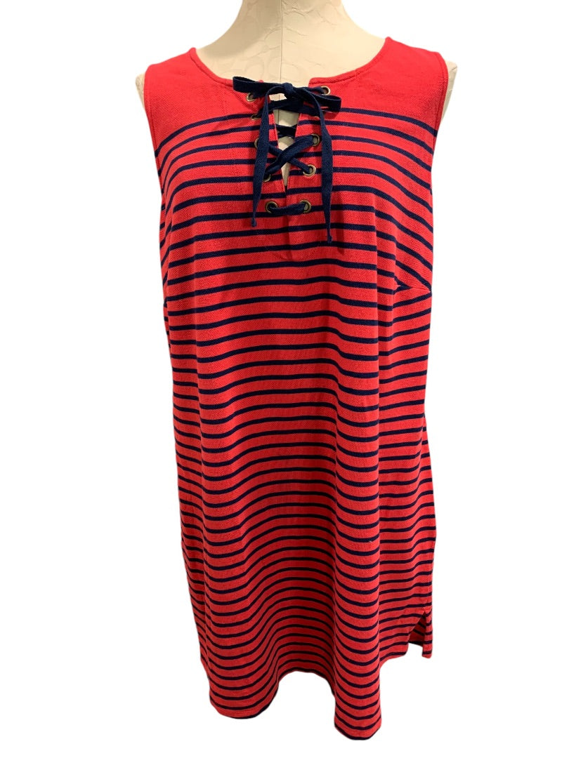 1X Talbots Woman Casual Knit Shift Dress Red Navy Blue Stripe Sleeveless