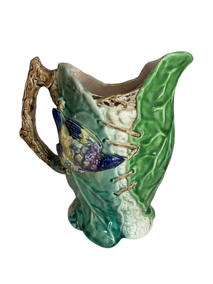 Majolica Pottery Pitcher Antique Bird Corset 1880s 8.5 Inch