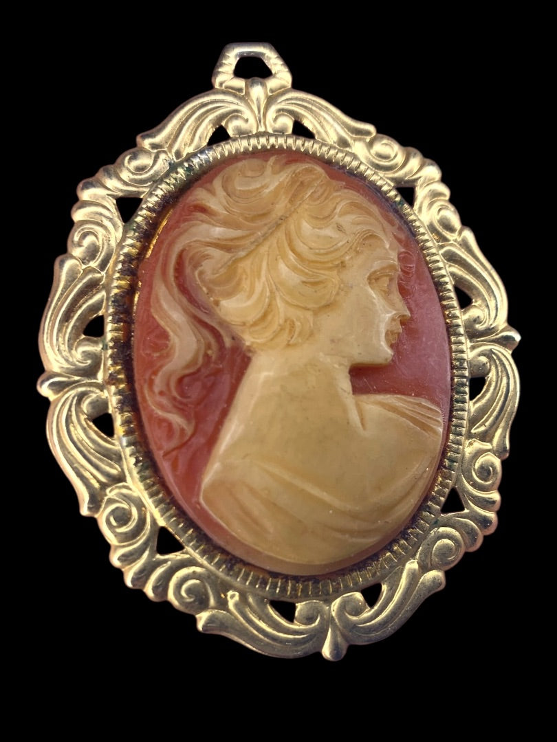 Vintage Cameo Pendant Goldtone Pink Statement 2.25 Inches