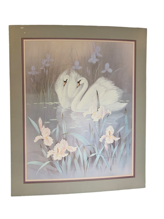 T C Chiu Vintage 1980s Lithograph Print Swans Lovebirds 21x17 Inch