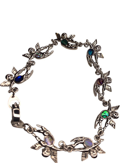 Silvertone Angel Link Bracelet Box Clasp 7 Inch Multicolor Enamel