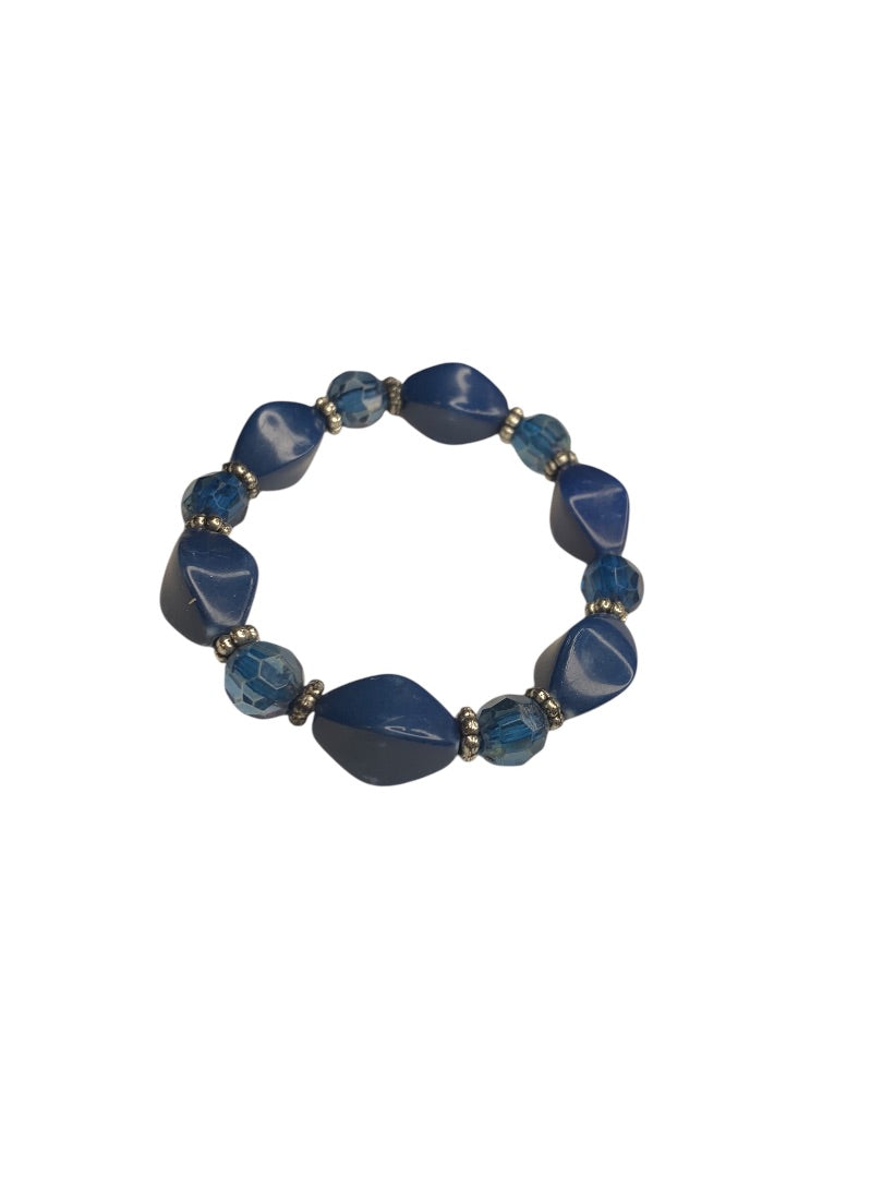 Blue Silvertone Spacers Acrylic  Beaded Stretch Bracelet