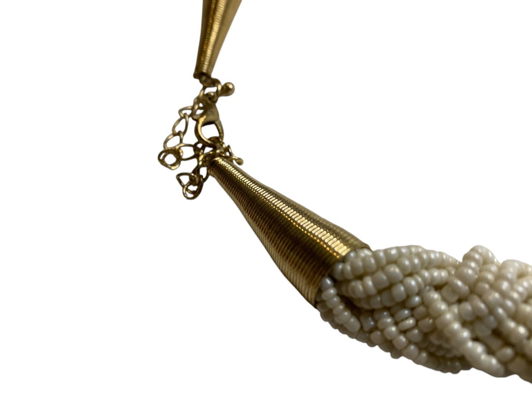 Vintage Goldtone White Seed Bead Statement Necklace 18-22 Inch